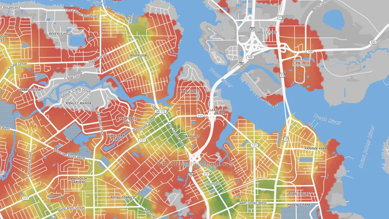 Walk Grade map of Lake Forest, Jacksonville, FL, walkable areas in green and car-dependent areas in red