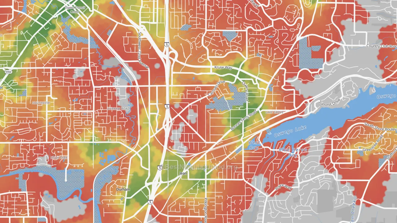 Walk Grade map of Lake Forest, Lake Oswego, OR, walkable areas in green and car-dependent areas in red