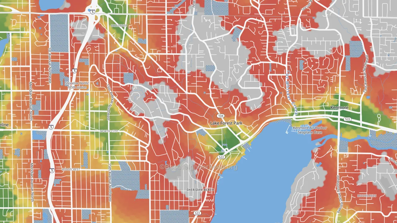 Walk Grade map of Lake Forest Park, WA, walkable areas in green and car-dependent areas in red