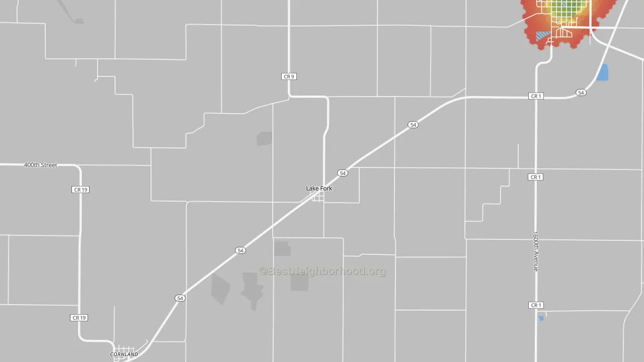 Walk Grade map of Lake Fork, IL, walkable areas in green and car-dependent areas in red