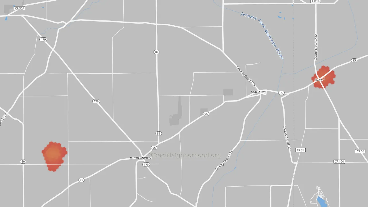 Walk Grade map of Lake Fork, OH, walkable areas in green and car-dependent areas in red