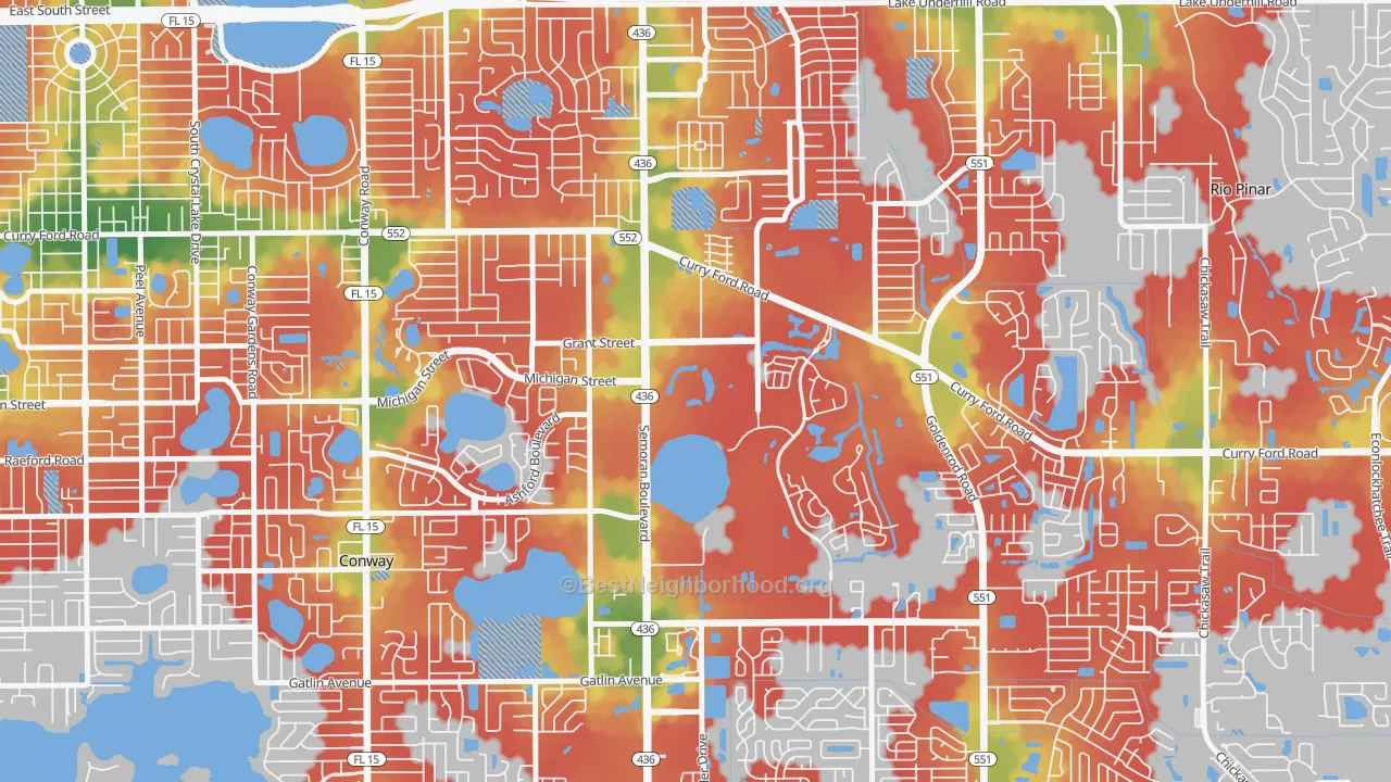 Walk Grade map of Lake Frederica, Orlando, FL, walkable areas in green and car-dependent areas in red