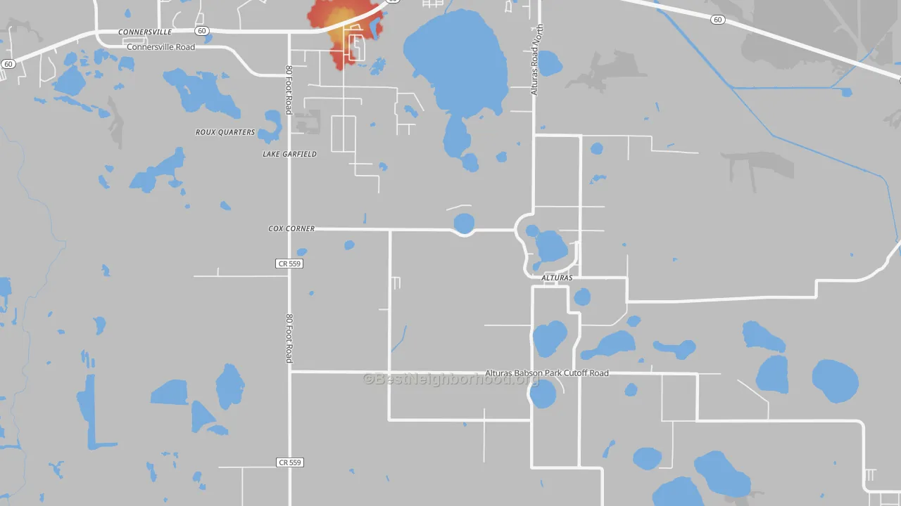Walk Grade map of Lake Garfield, FL, walkable areas in green and car-dependent areas in red