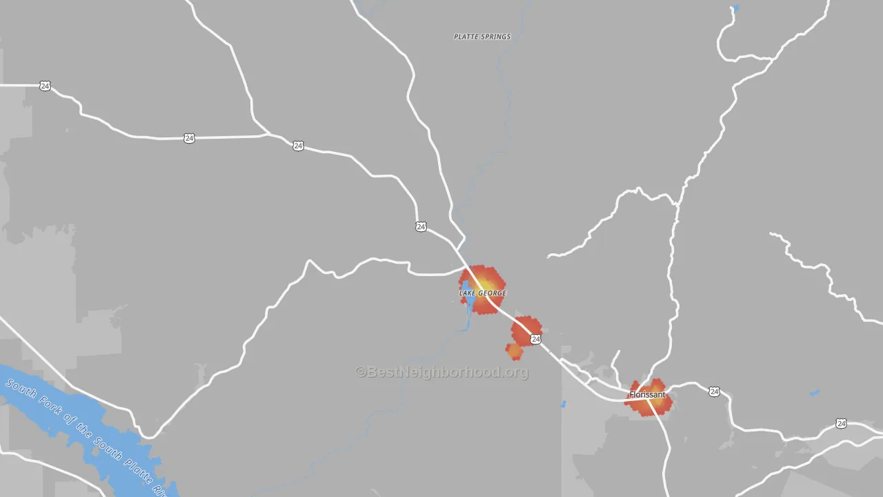 Walk Grade map of Lake George, CO, walkable areas in green and car-dependent areas in red