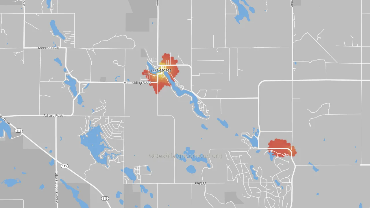 Walk Grade map of Lake George, MI, walkable areas in green and car-dependent areas in red