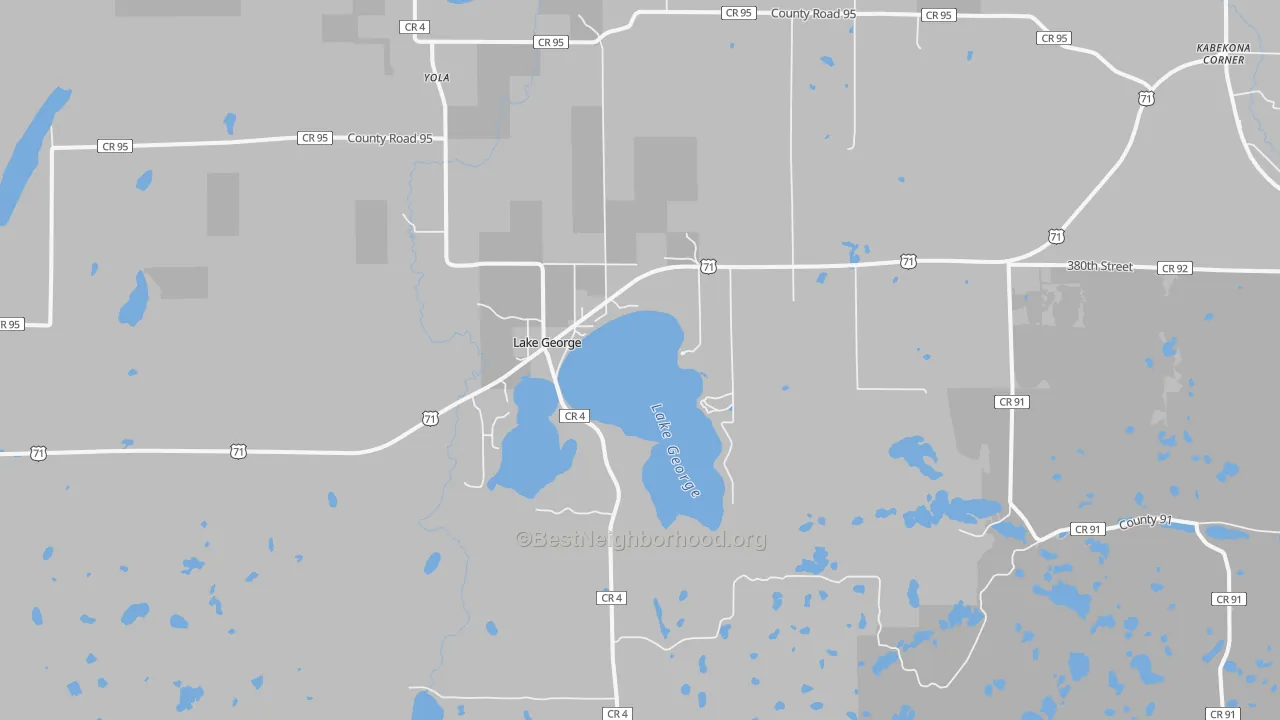 Walk Grade map of Lake George, MN, walkable areas in green and car-dependent areas in red