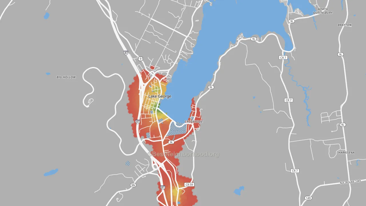 Walk Grade map of Lake George, NY, walkable areas in green and car-dependent areas in red