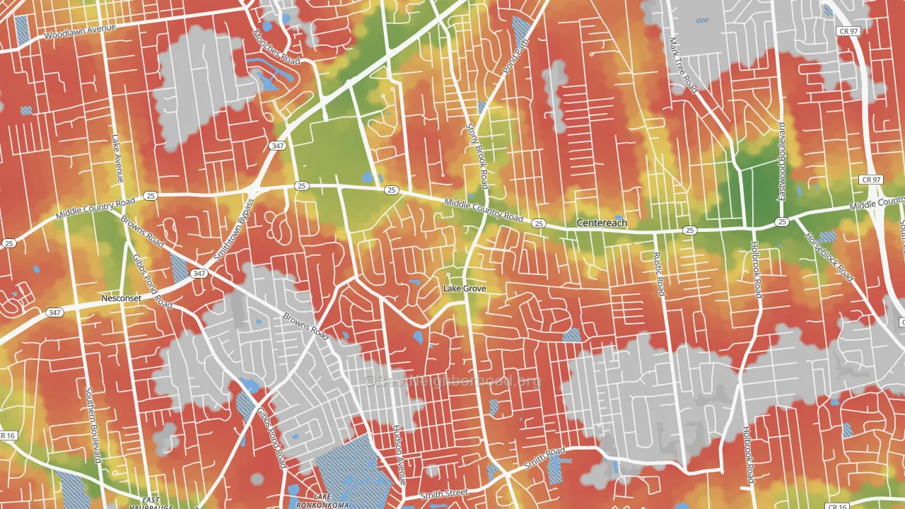 Walk Grade map of Lake Grove, NY, walkable areas in green and car-dependent areas in red