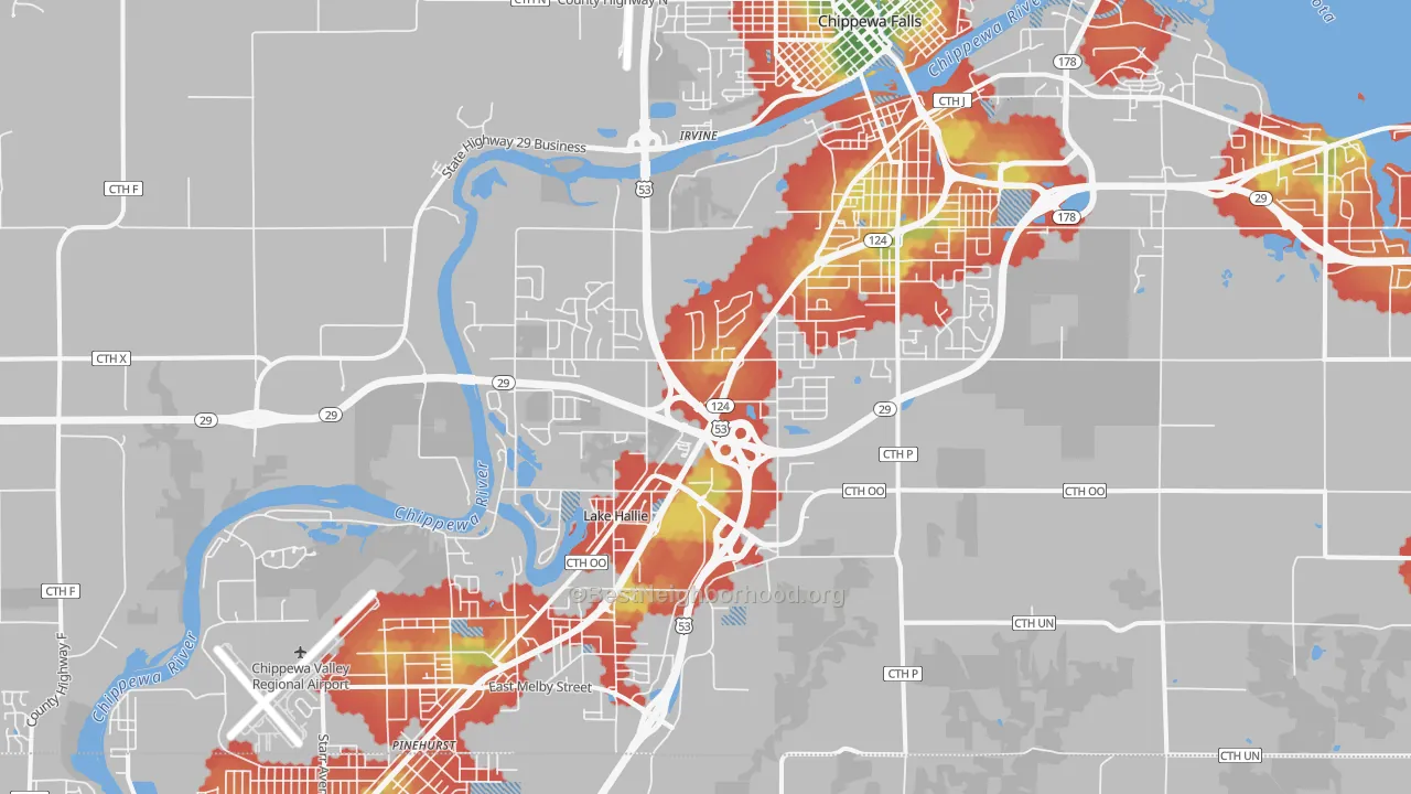 Walk Grade map of Lake Hallie, WI, walkable areas in green and car-dependent areas in red