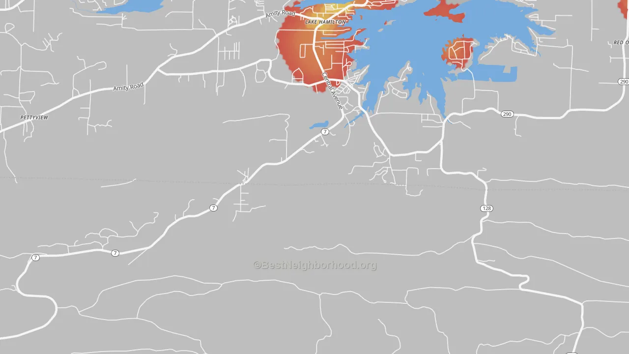 Walk Grade map of Lake Hamilton, AR, walkable areas in green and car-dependent areas in red
