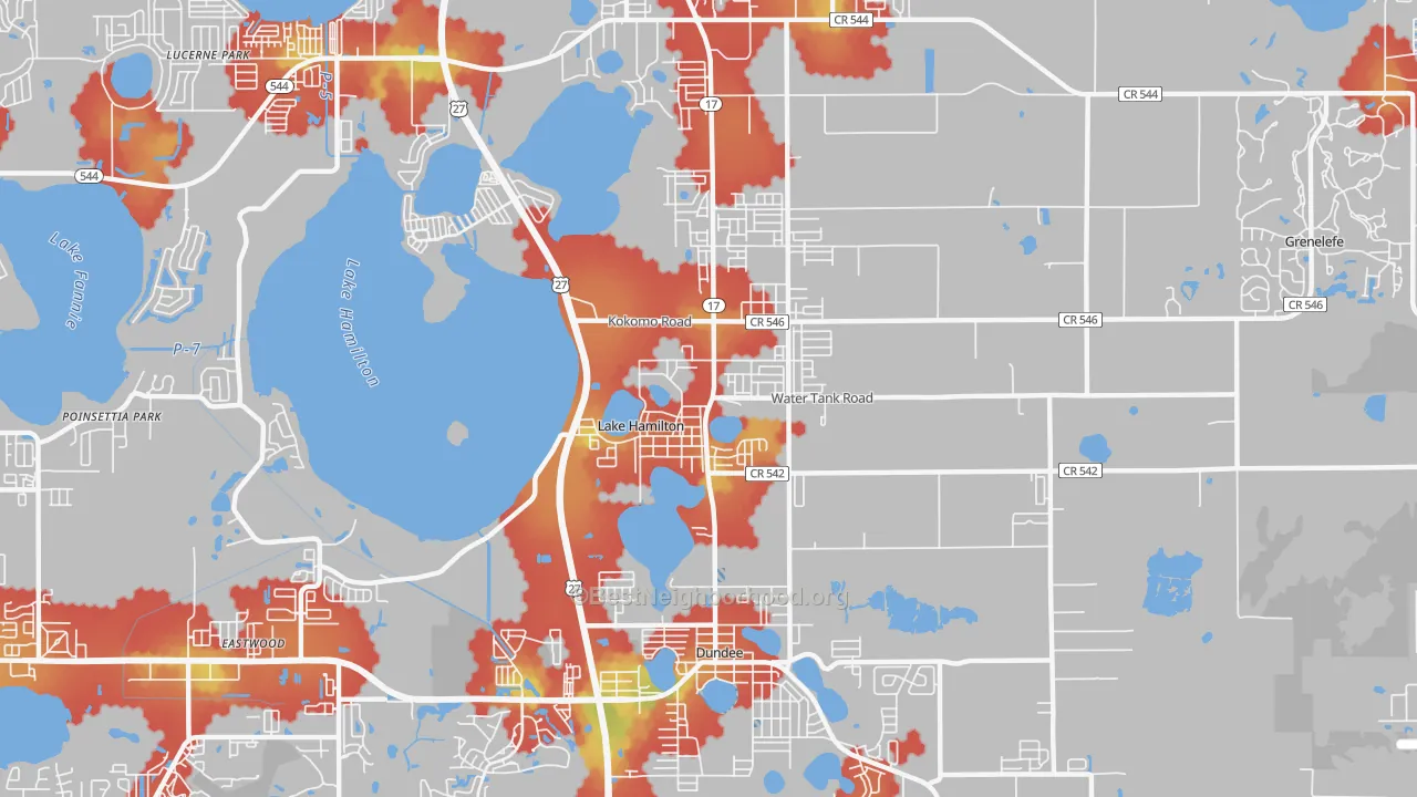 Walk Grade map of Lake Hamilton, FL, walkable areas in green and car-dependent areas in red