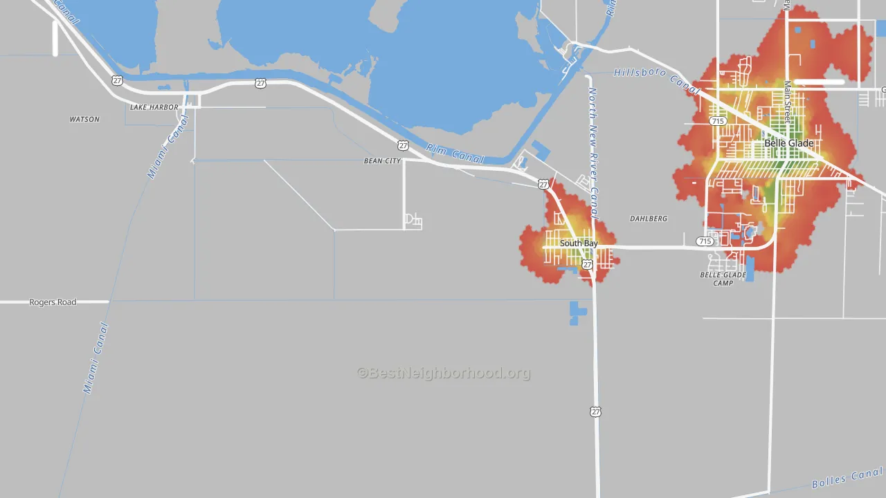 Walk Grade map of Lake Harbor, FL, walkable areas in green and car-dependent areas in red
