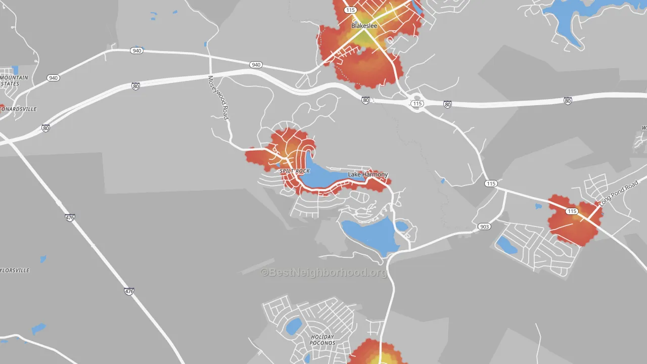 Walk Grade map of Lake Harmony, PA, walkable areas in green and car-dependent areas in red