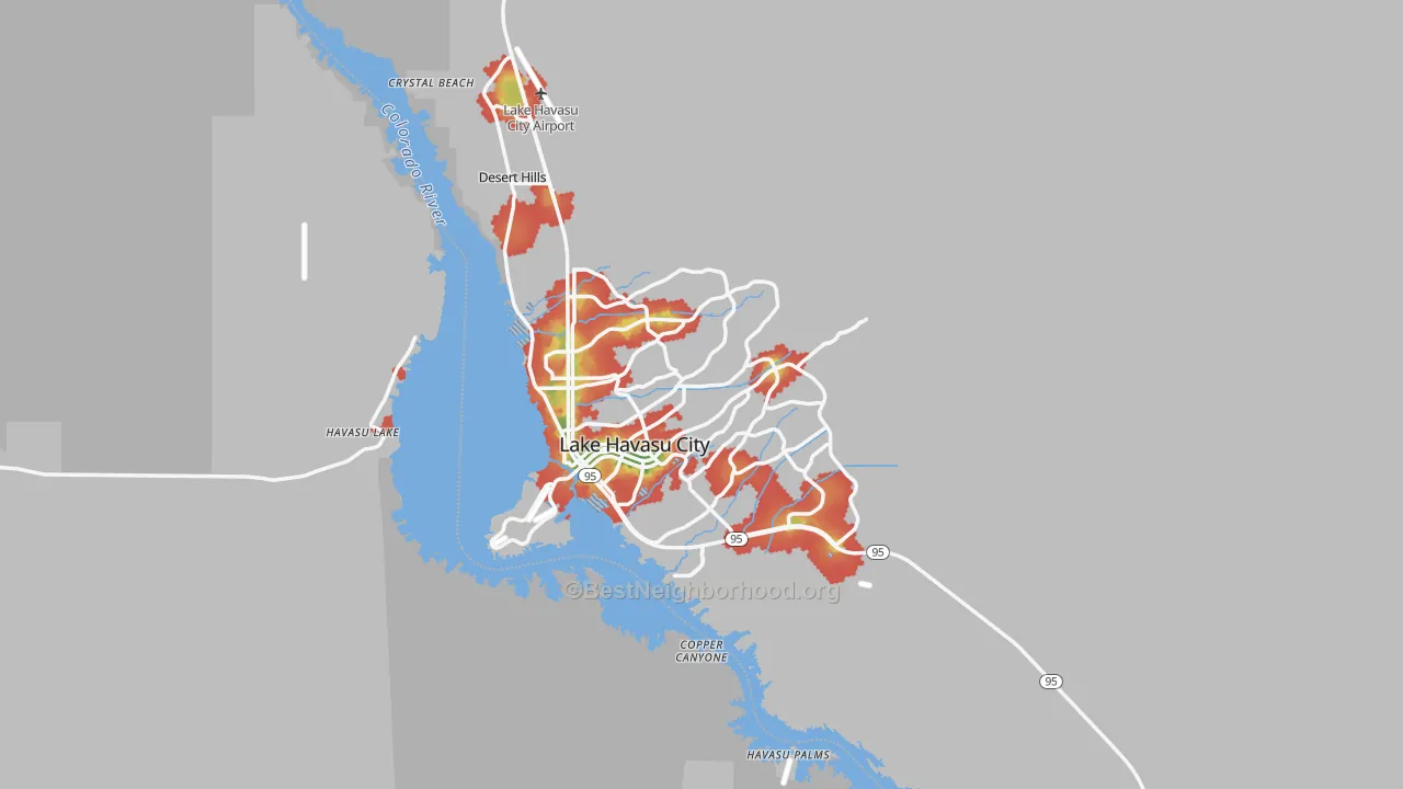 Walk Grade map of Lake Havasu City, AZ, walkable areas in green and car-dependent areas in red