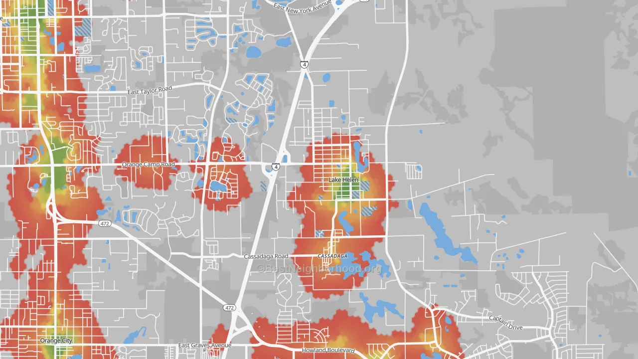 Walk Grade map of Lake Helen, FL, walkable areas in green and car-dependent areas in red