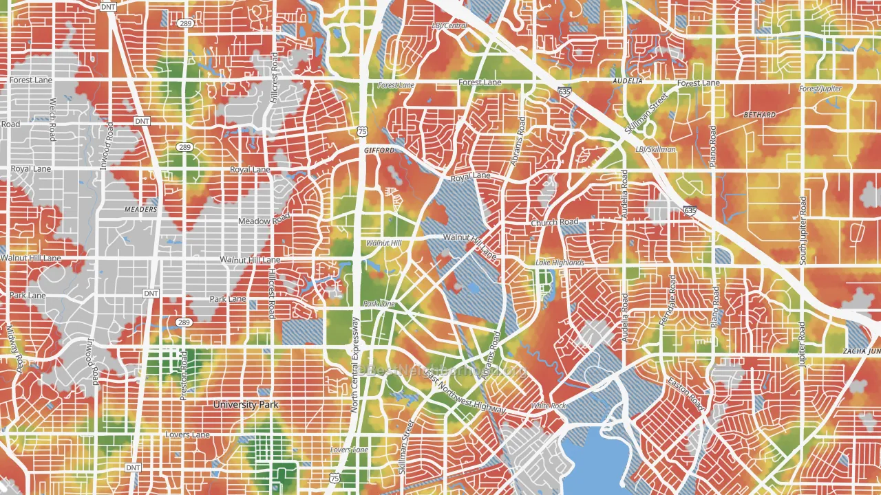 Walk Grade map of Lake Highlands, Dallas, TX, walkable areas in green and car-dependent areas in red