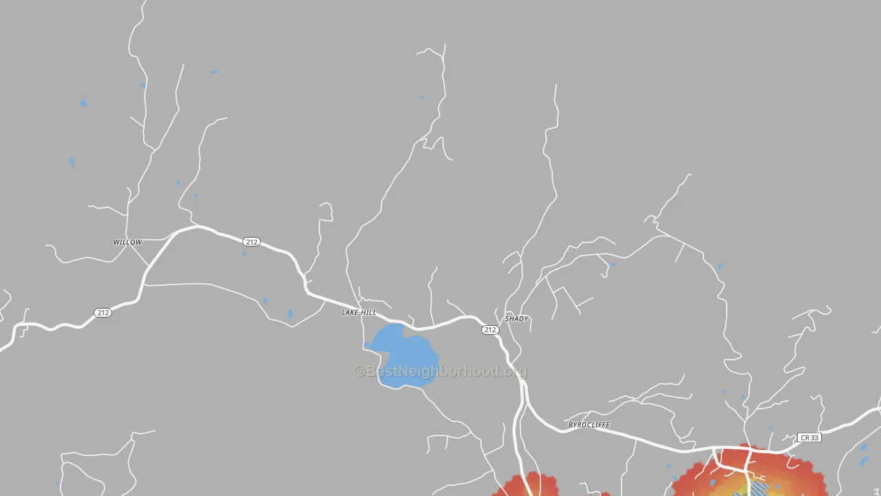 Walk Grade map of Lake Hill, NY, walkable areas in green and car-dependent areas in red