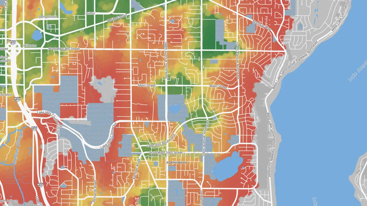 Walk Grade map of Lake Hills, Bellevue, WA, walkable areas in green and car-dependent areas in red
