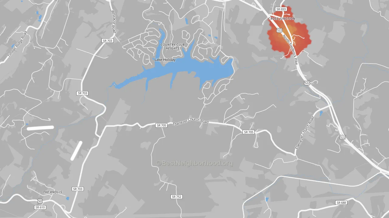 Walk Grade map of Lake Holiday, VA, walkable areas in green and car-dependent areas in red
