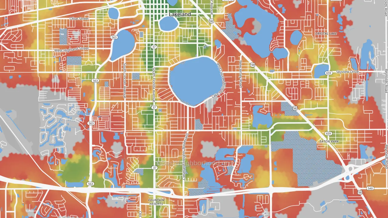 Walk Grade map of Lake Hollingsworth, Lakeland, FL, walkable areas in green and car-dependent areas in red