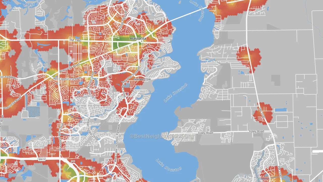 Walk Grade map of Lake Houston, Houston, TX, walkable areas in green and car-dependent areas in red