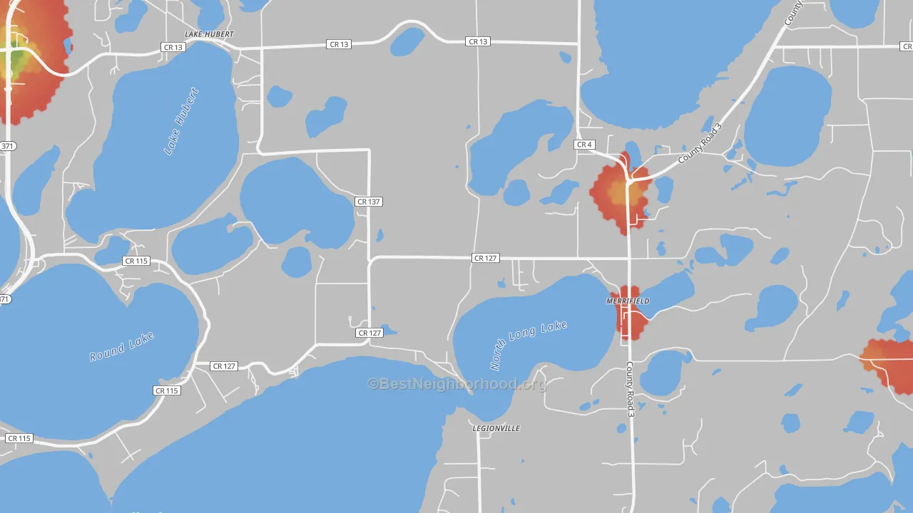 Walk Grade map of Lake Hubert, MN, walkable areas in green and car-dependent areas in red