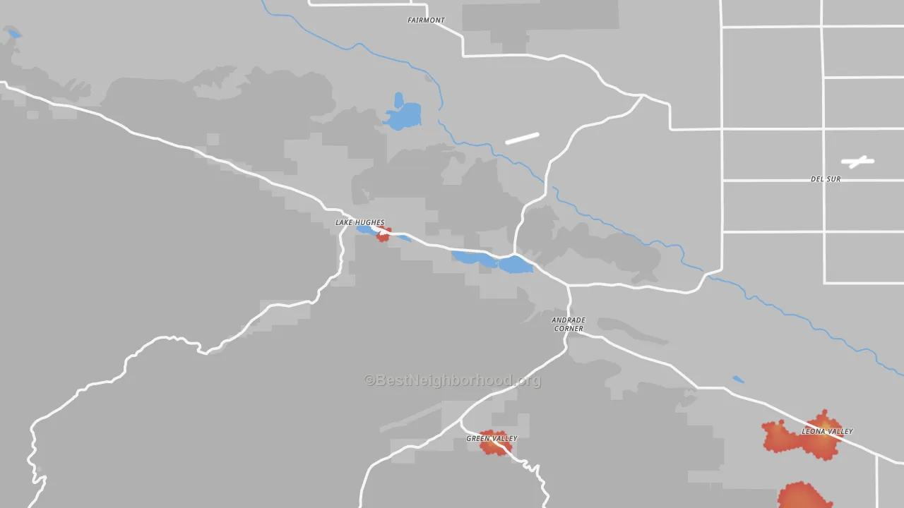 Walk Grade map of Lake Hughes, CA, walkable areas in green and car-dependent areas in red