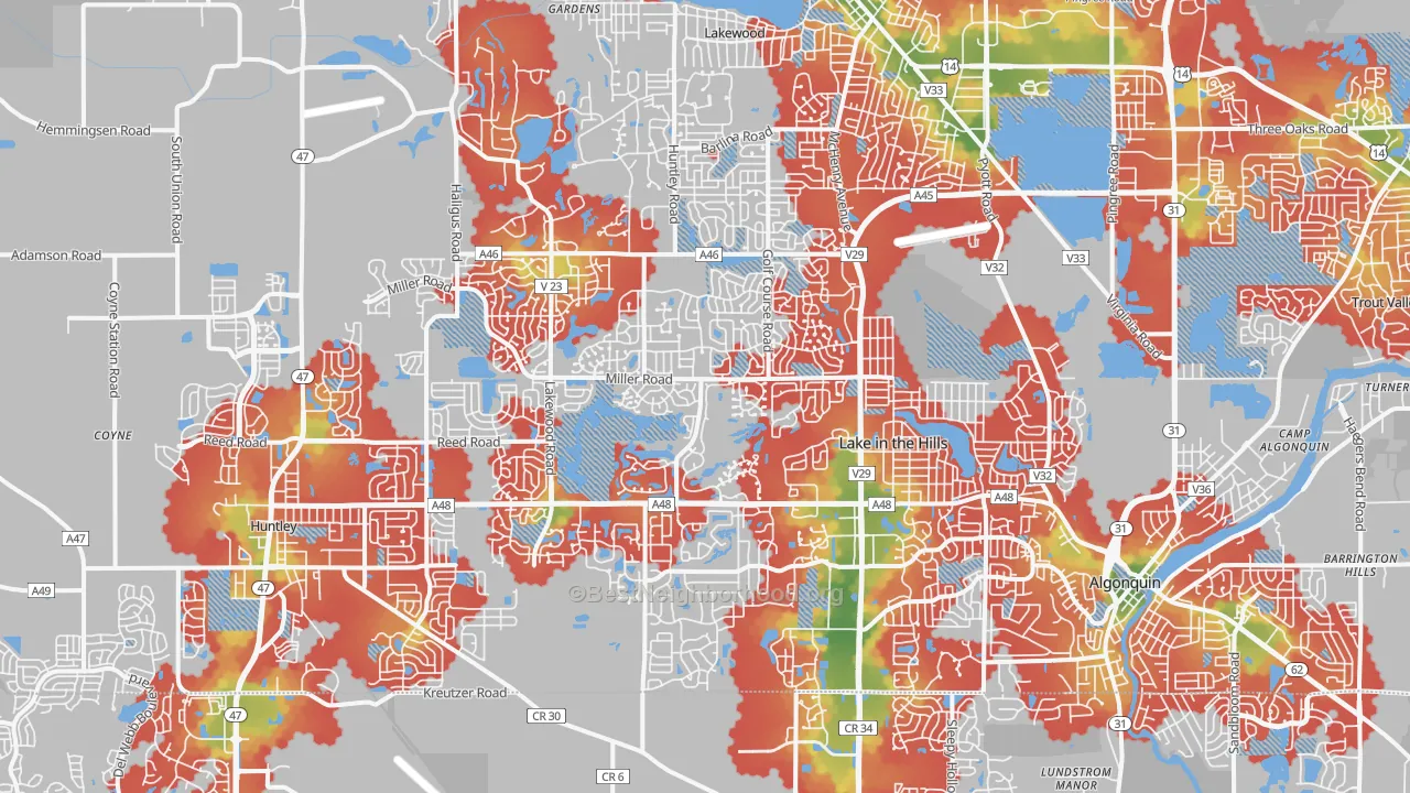 Walk Grade map of Lake in the Hills, IL, walkable areas in green and car-dependent areas in red