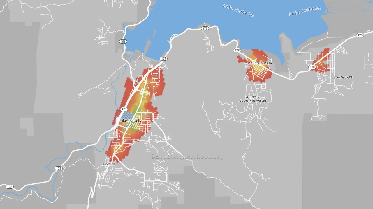 Walk Grade map of Lake Isabella, CA, walkable areas in green and car-dependent areas in red