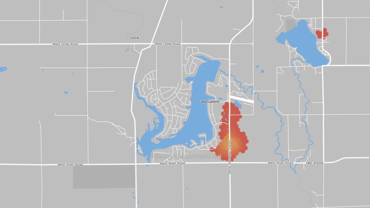 Walk Grade map of Lake Isabella, MI, walkable areas in green and car-dependent areas in red