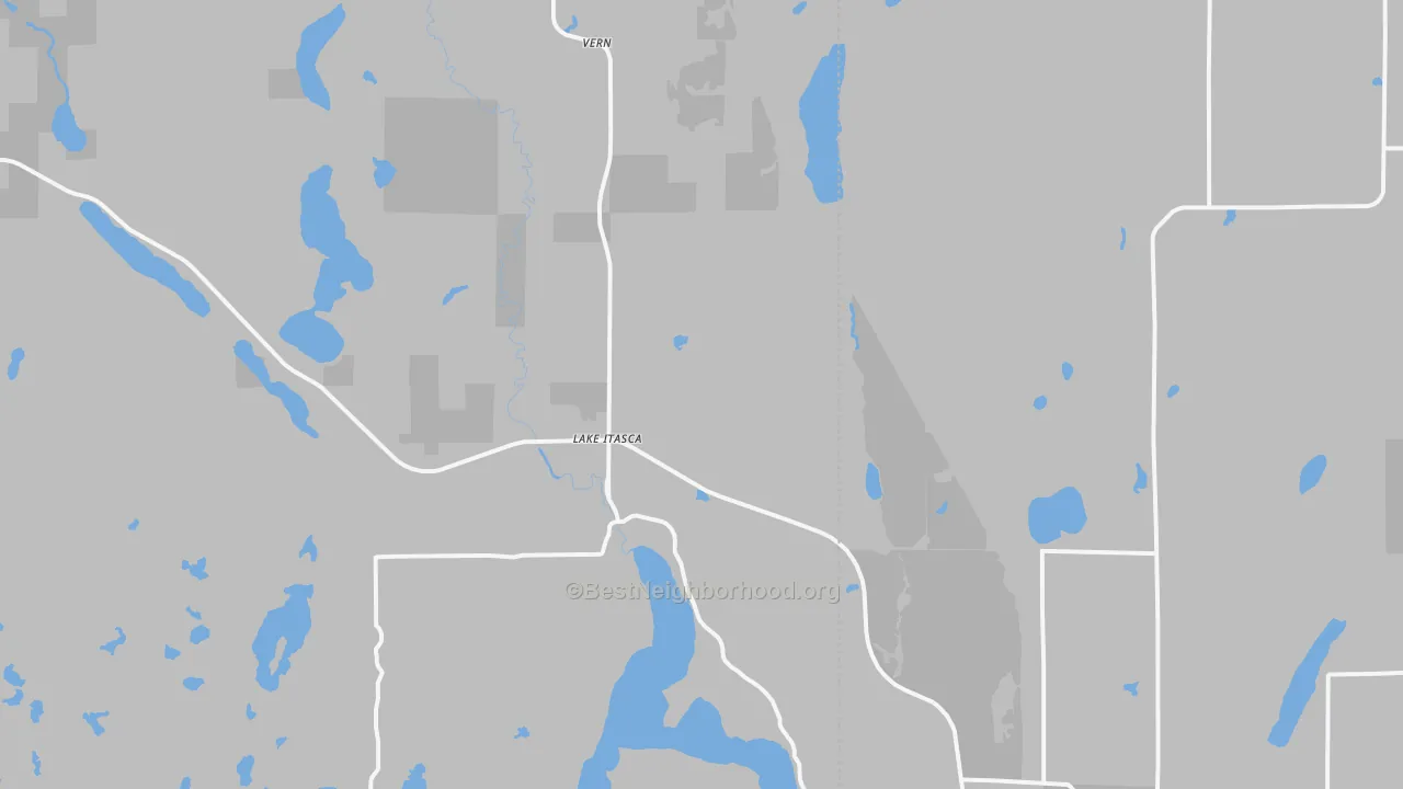 Walk Grade map of Lake Itasca, MN, walkable areas in green and car-dependent areas in red