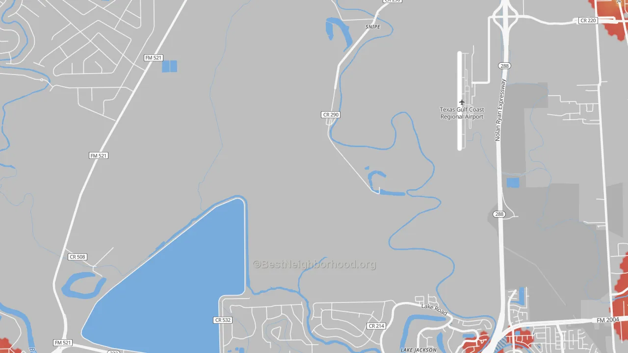 Walk Grade map of Lake Jackson Farms, TX, walkable areas in green and car-dependent areas in red