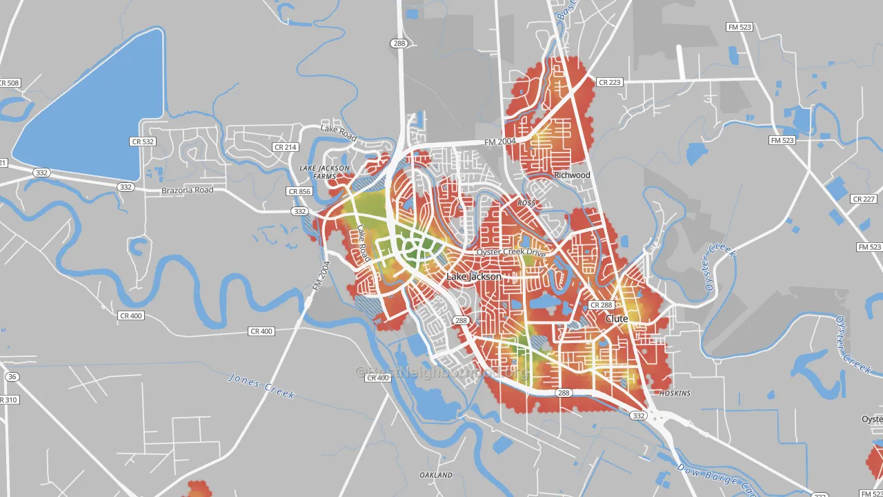 Walk Grade map of Lake Jackson, TX, walkable areas in green and car-dependent areas in red