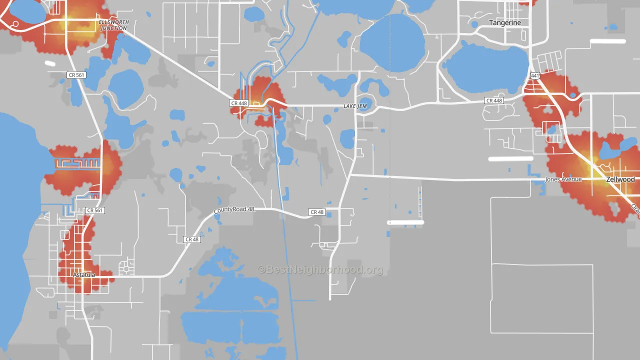 Walk Grade map of Lake Jem, FL, walkable areas in green and car-dependent areas in red