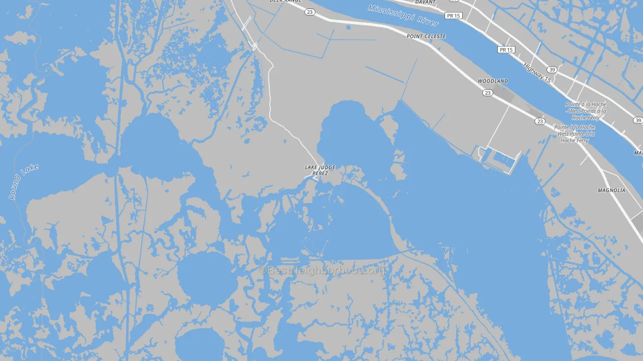 Walk Grade map of Lake Judge Perez, LA, walkable areas in green and car-dependent areas in red