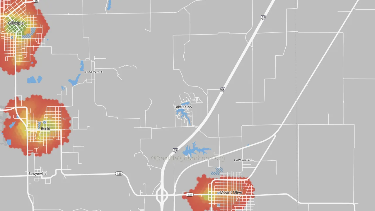 Walk Grade map of Lake Ka-ho, IL, walkable areas in green and car-dependent areas in red