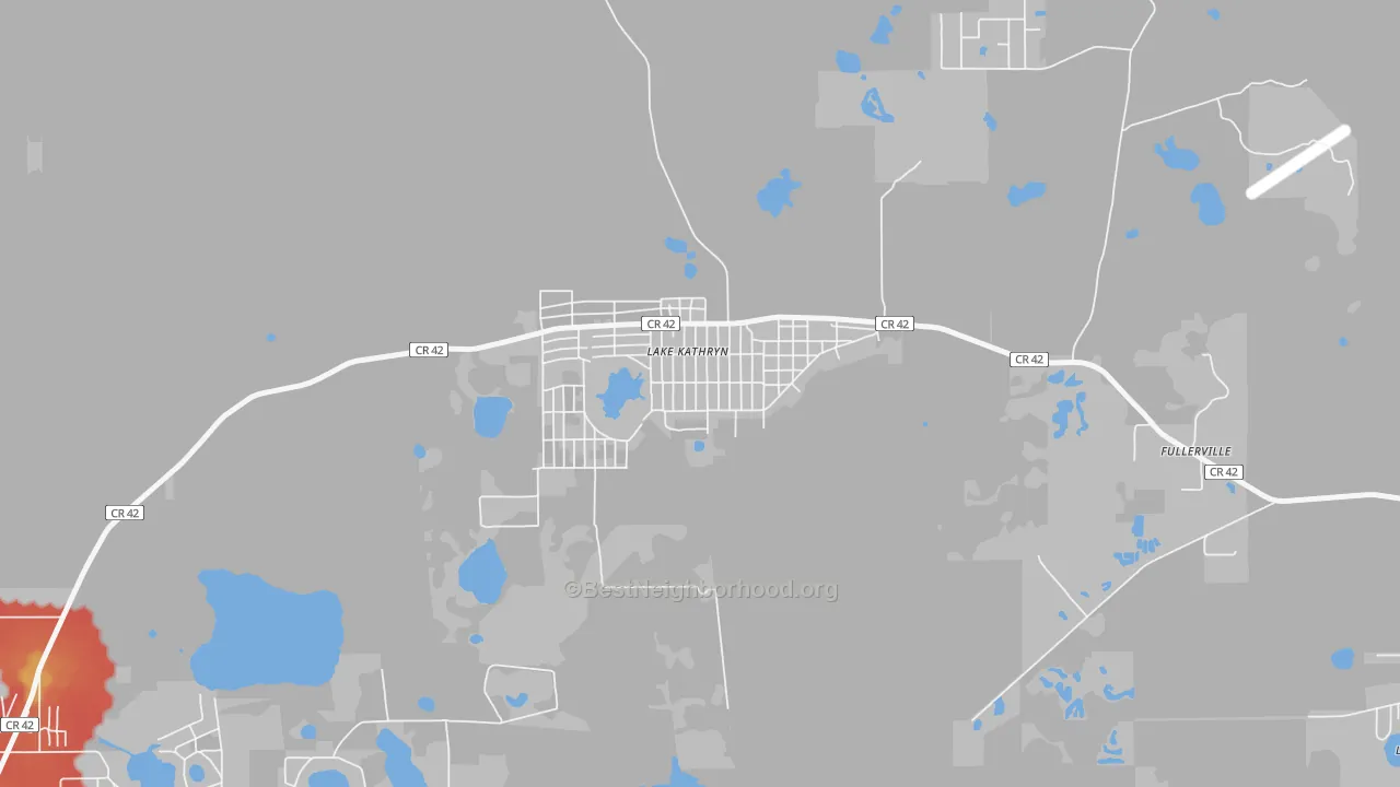Walk Grade map of Lake Kathryn, FL, walkable areas in green and car-dependent areas in red