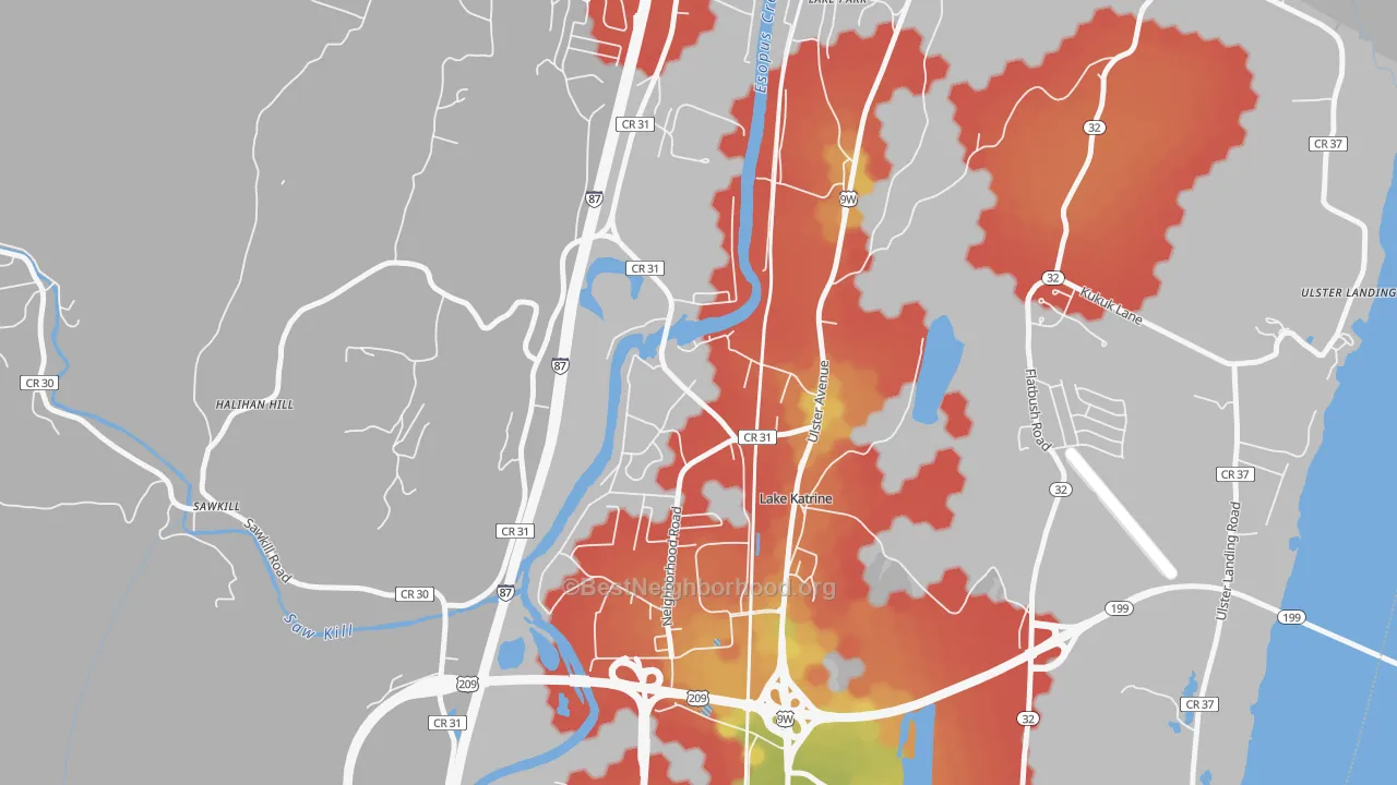 Walk Grade map of Lake Katrine, NY, walkable areas in green and car-dependent areas in red