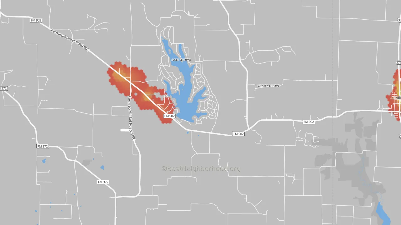 Walk Grade map of Lake Kiowa, TX, walkable areas in green and car-dependent areas in red