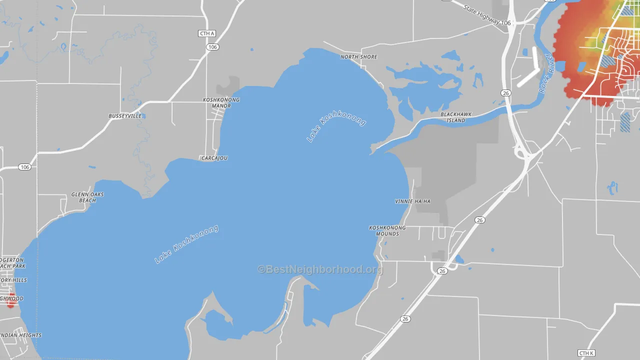 Walk Grade map of Lake Koshkonong, WI, walkable areas in green and car-dependent areas in red