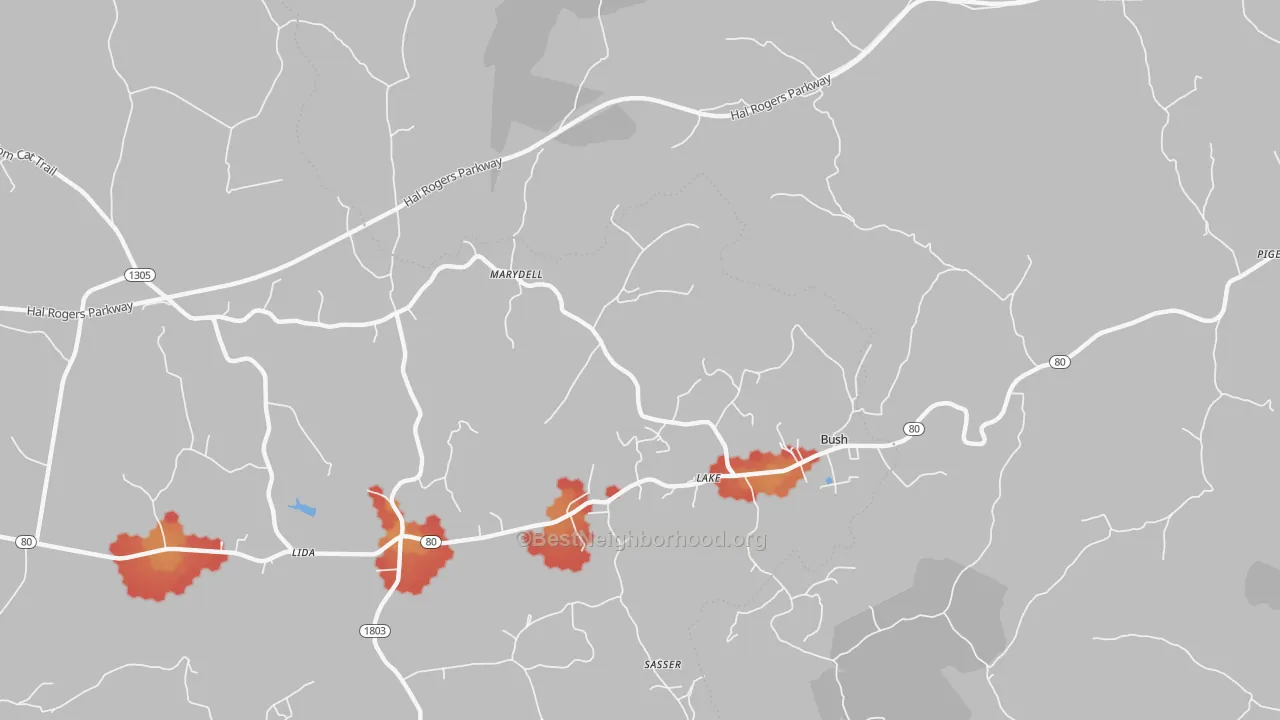 Walk Grade map of Lake, KY, walkable areas in green and car-dependent areas in red