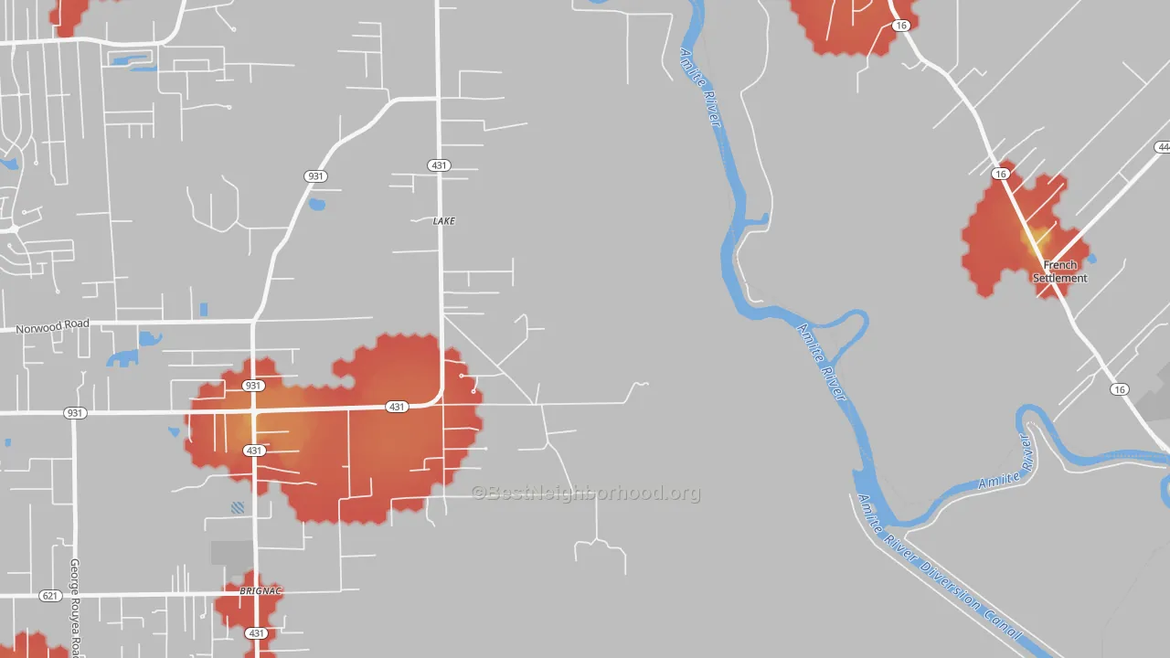 Walk Grade map of Lake, LA, walkable areas in green and car-dependent areas in red