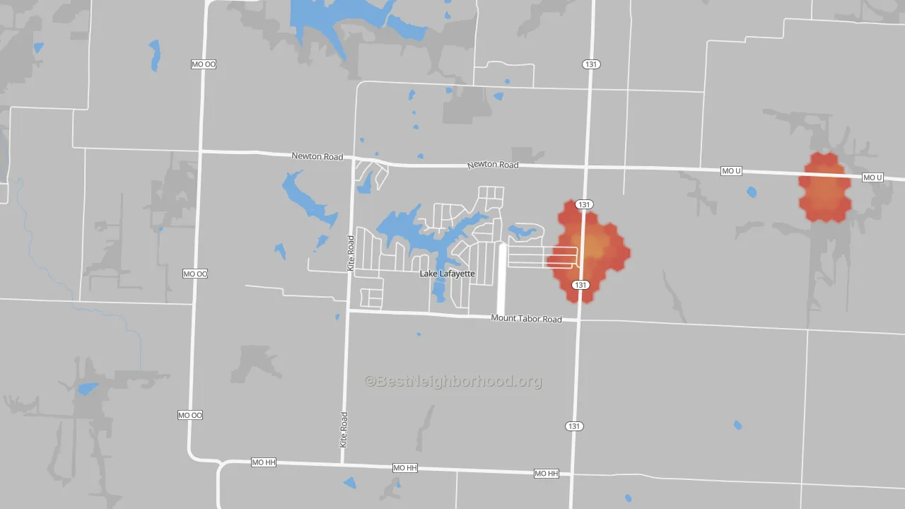 Walk Grade map of Lake Lafayette, MO, walkable areas in green and car-dependent areas in red