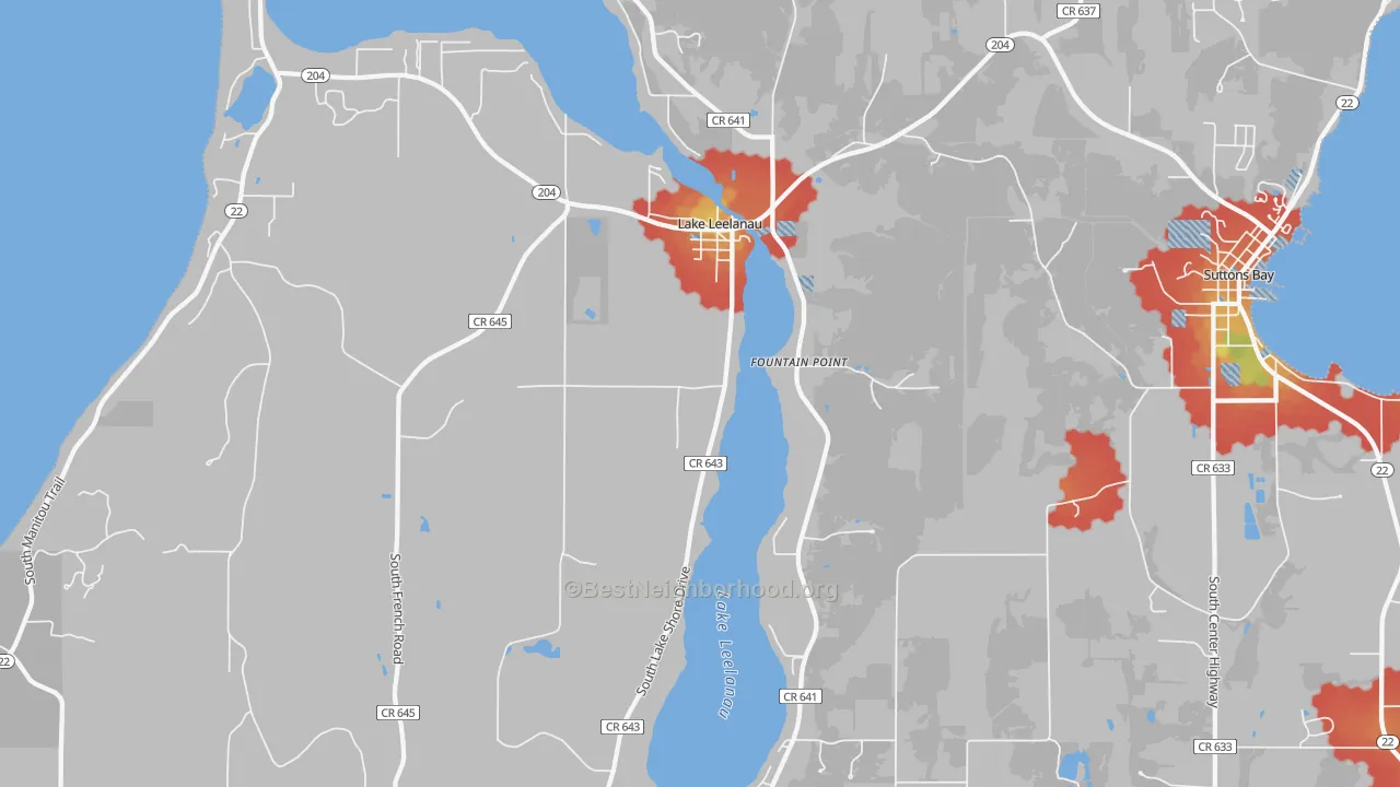 Walk Grade map of Lake Leelanau, MI, walkable areas in green and car-dependent areas in red