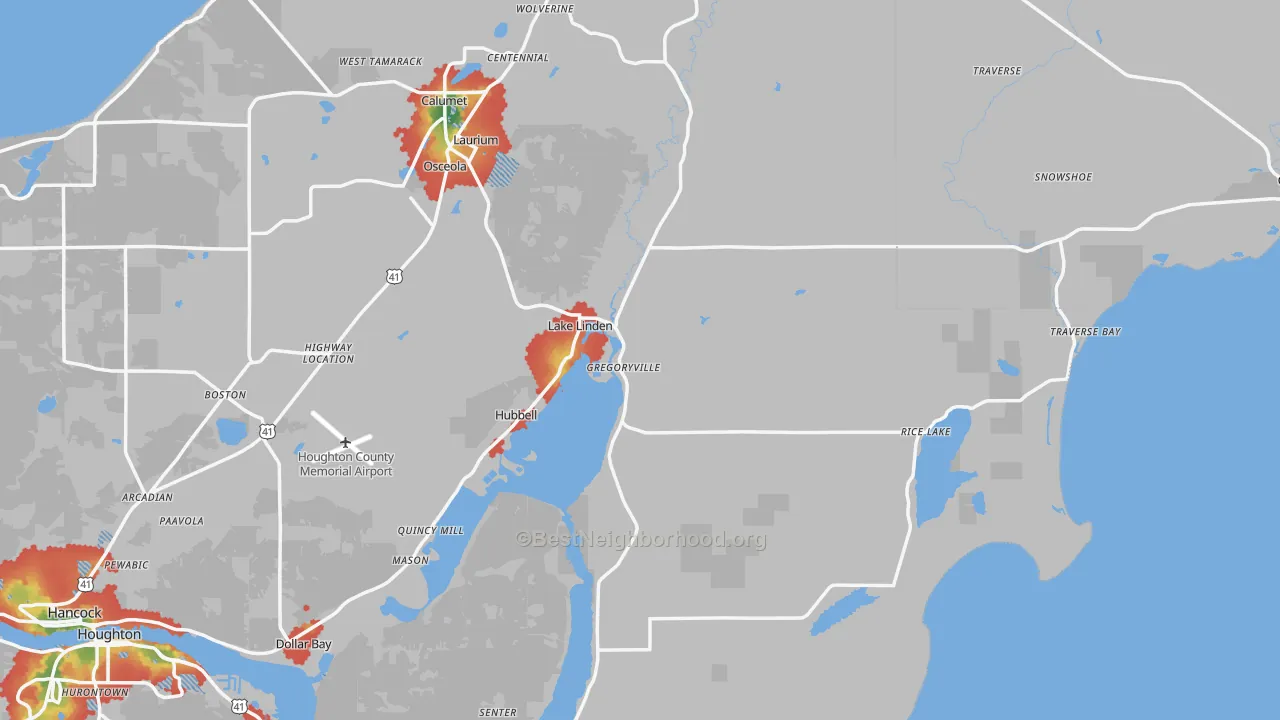 Walk Grade map of Lake Linden, MI, walkable areas in green and car-dependent areas in red