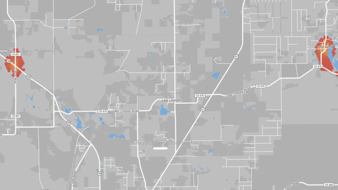 Walk Grade map of Lake Lindsey, FL, walkable areas in green and car-dependent areas in red