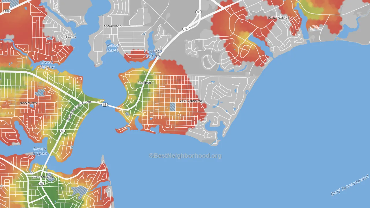 Walk Grade map of Lake Lorraine, FL, walkable areas in green and car-dependent areas in red