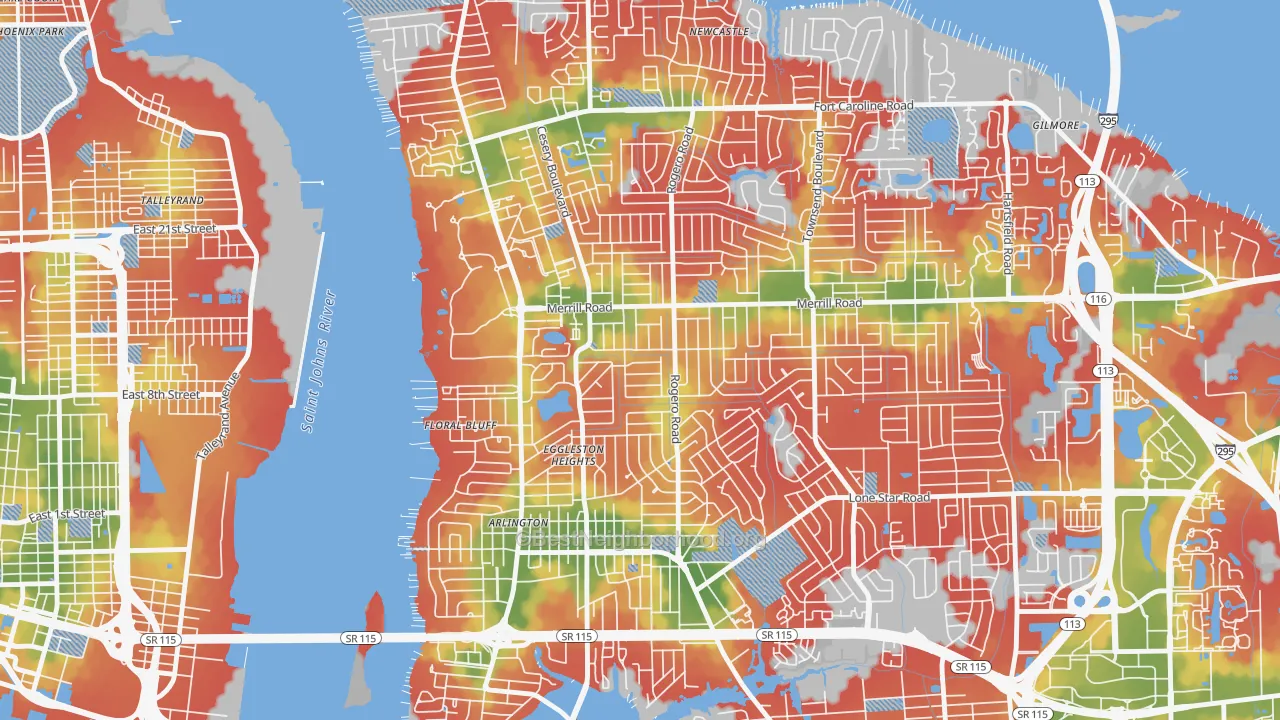 Walk Grade map of Lake Lucina, Jacksonville, FL, walkable areas in green and car-dependent areas in red