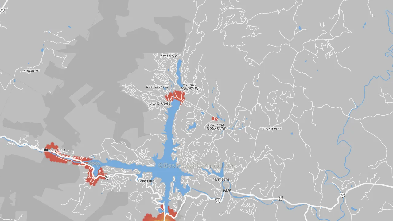 Walk Grade map of Lake Lure, NC, walkable areas in green and car-dependent areas in red