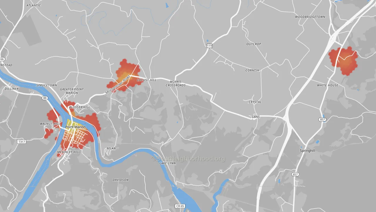 Walk Grade map of Lake Lynn, PA, walkable areas in green and car-dependent areas in red